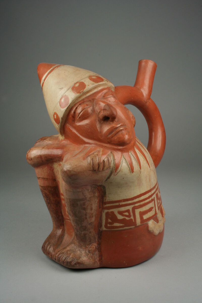 Stirrup Spout Bottle with Sleeping Warrior, Ceramic, slip, pigment, Moche 