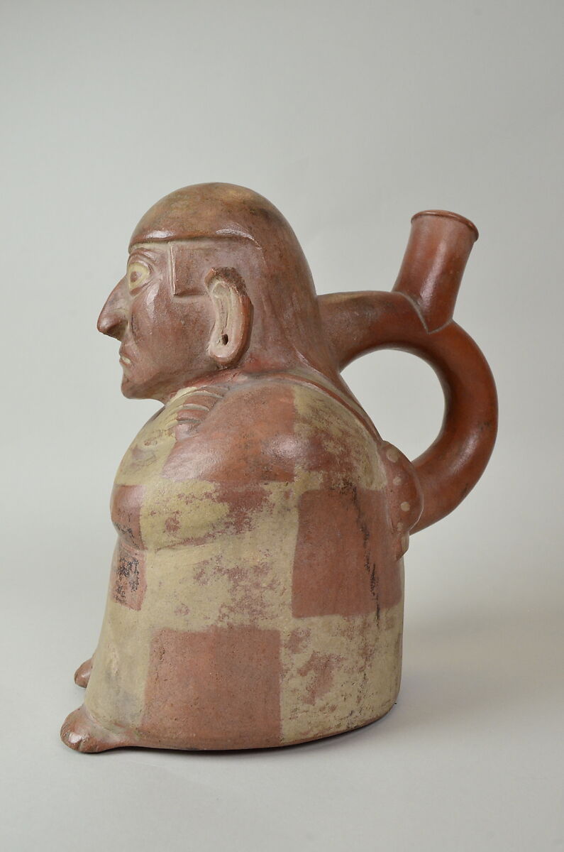 Stirrup Spout Bottle with Seated Figure, Ceramic, slip, Moche