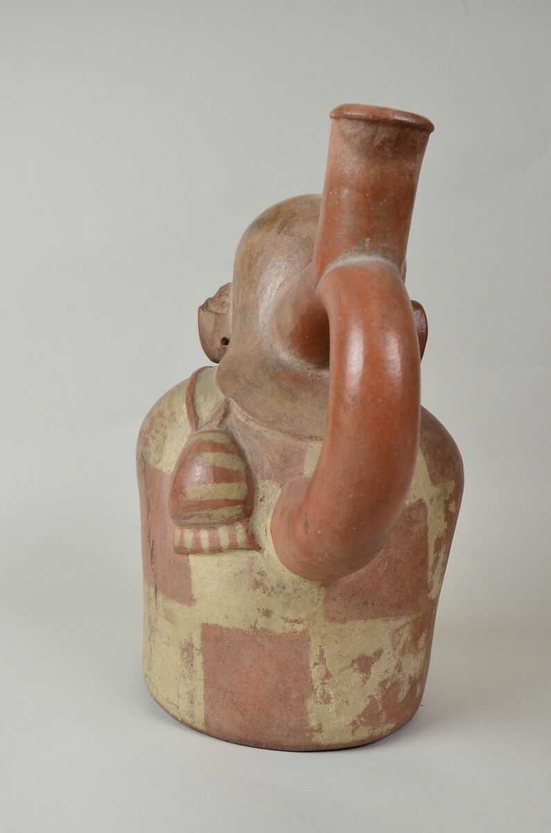 Stirrup Spout Bottle with Seated Figure, Ceramic, slip, Moche