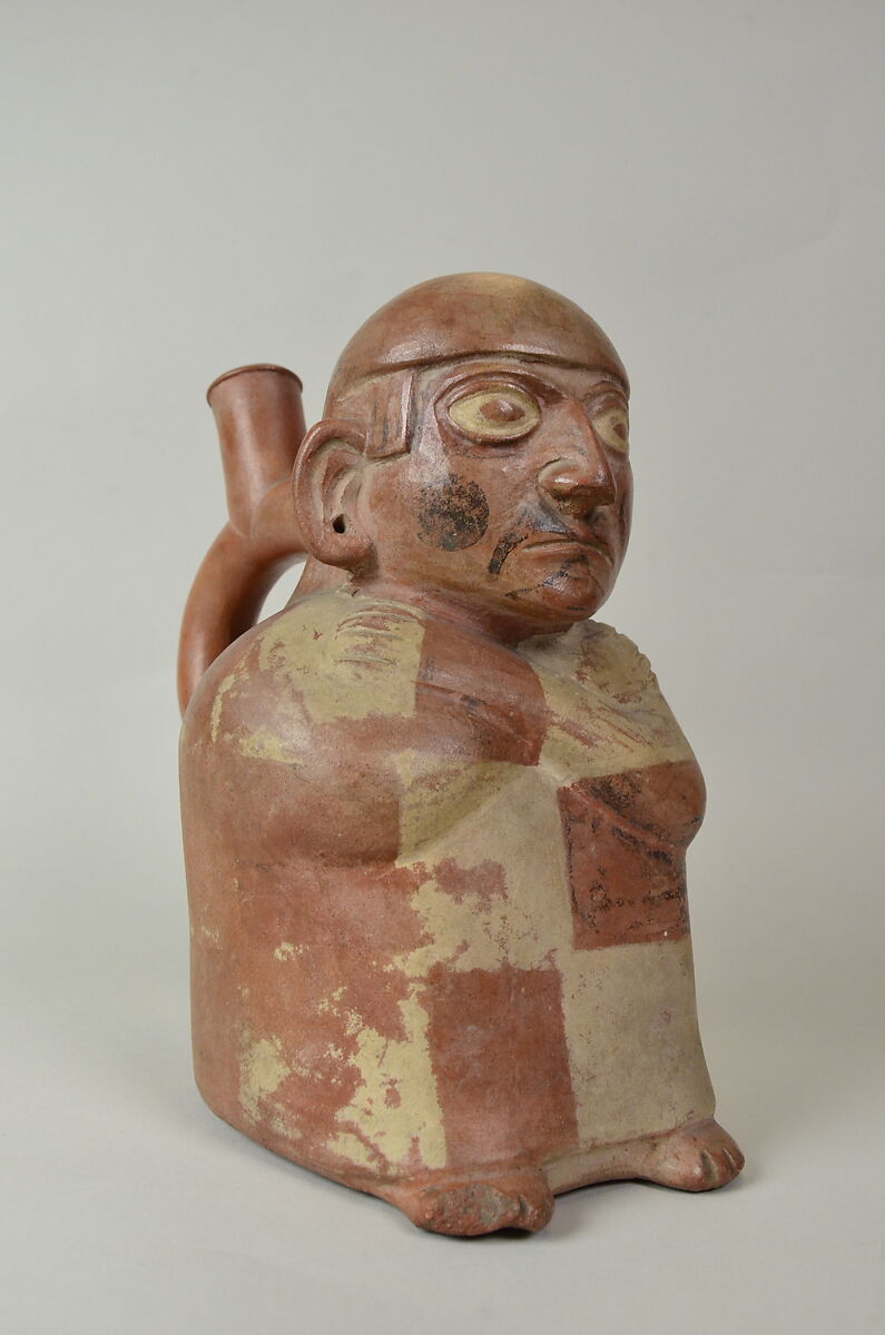 Stirrup Spout Bottle with Seated Figure, Ceramic, slip, Moche 