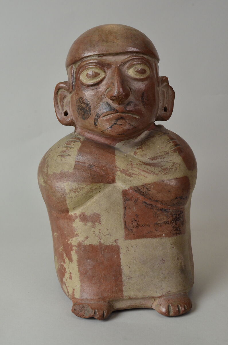 Stirrup Spout Bottle with Seated Figure, Ceramic, slip, Moche