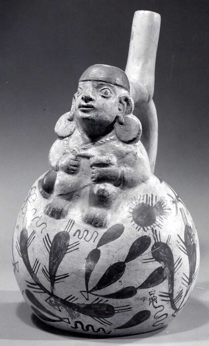 Stirrup Spout Bottle with Coca Chewer, Ceramic, slip, Moche