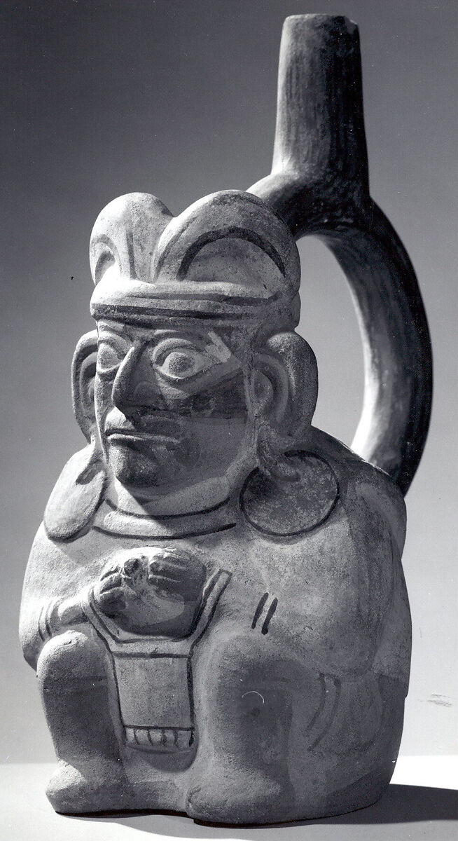 Stirrup Spout Bottle with Seated Figure, Ceramic, slip, Moche