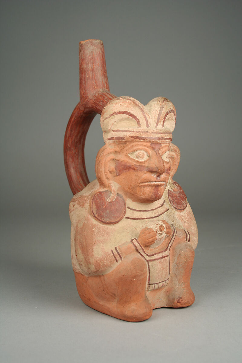 Stirrup Spout Bottle with Seated Figure, Ceramic, slip, Moche 