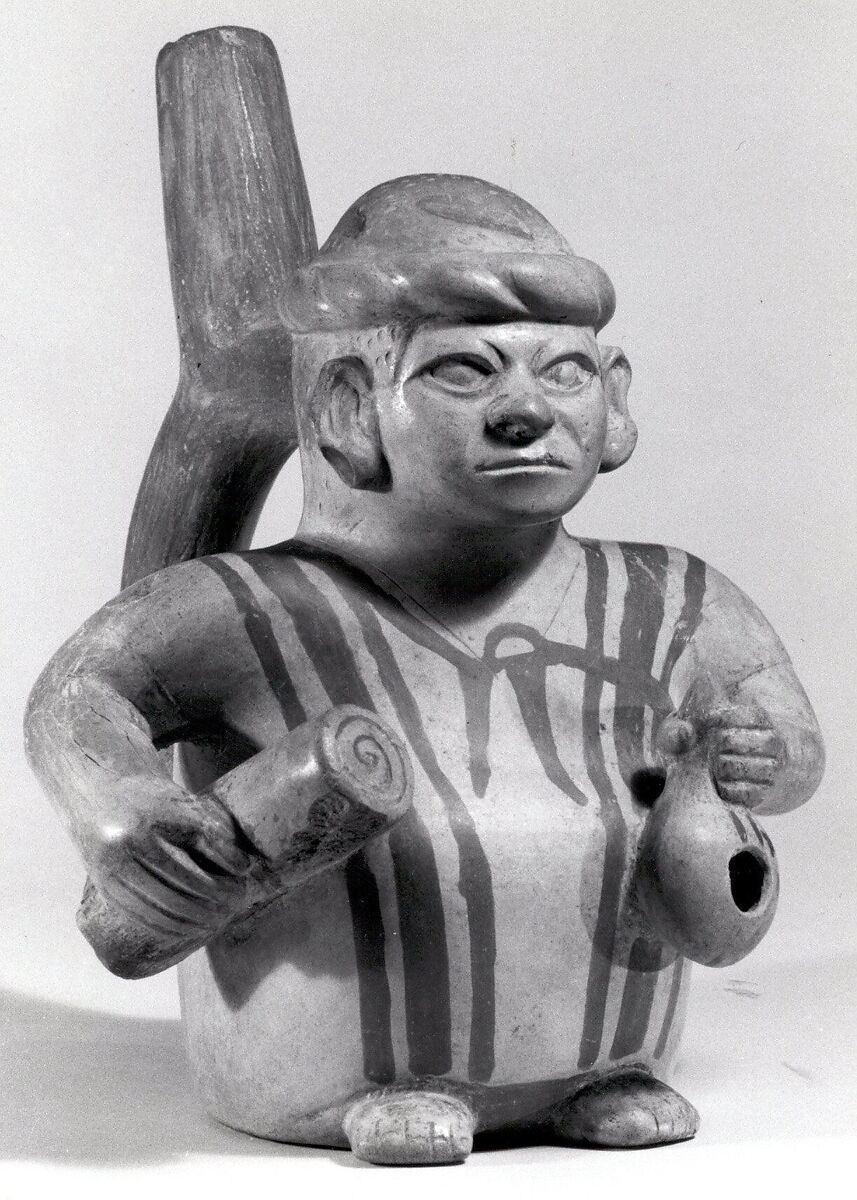 Figure Bottle, Ceramic, slip, pigment, Moche