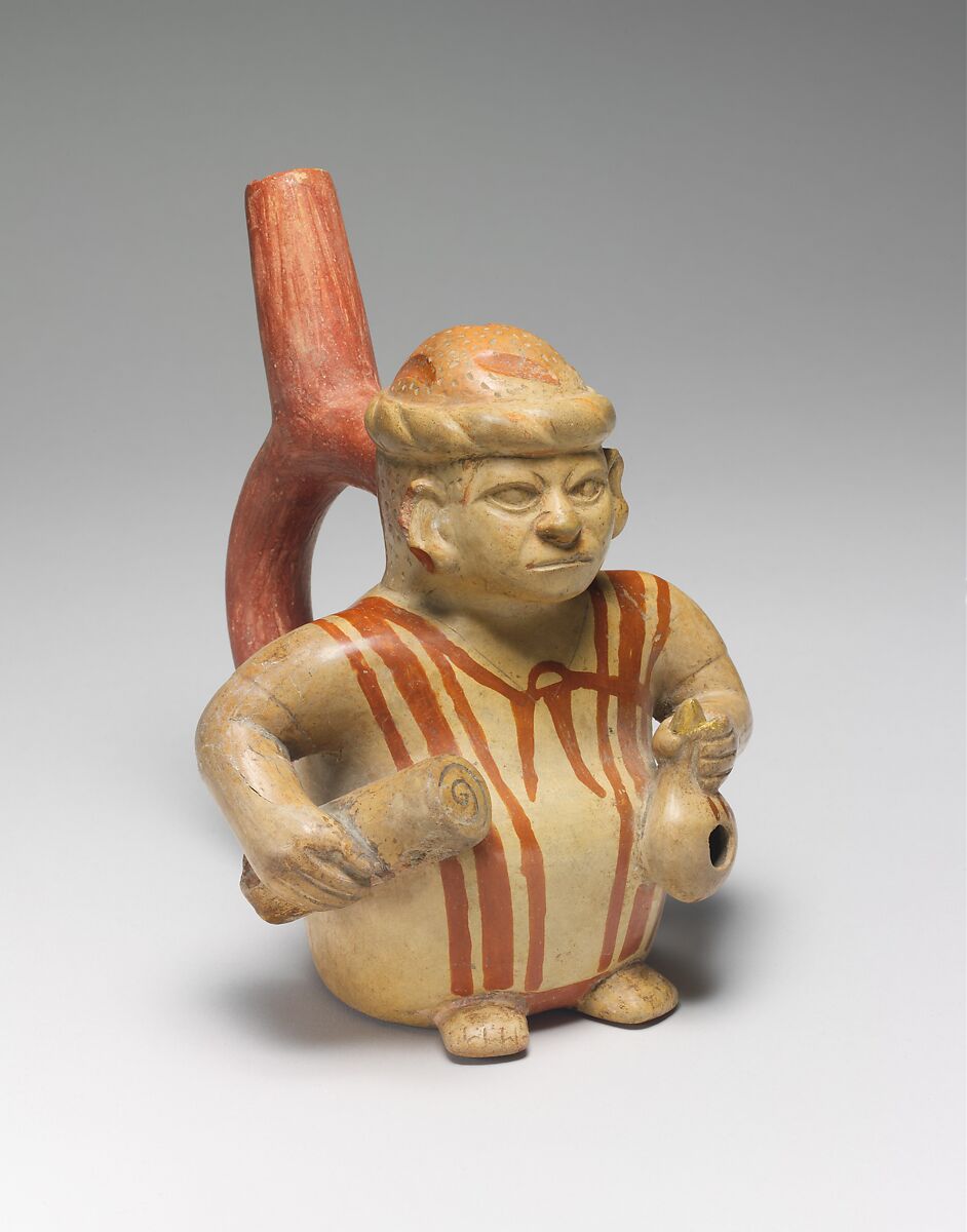 Figure Bottle, Ceramic, slip, pigment, Moche 