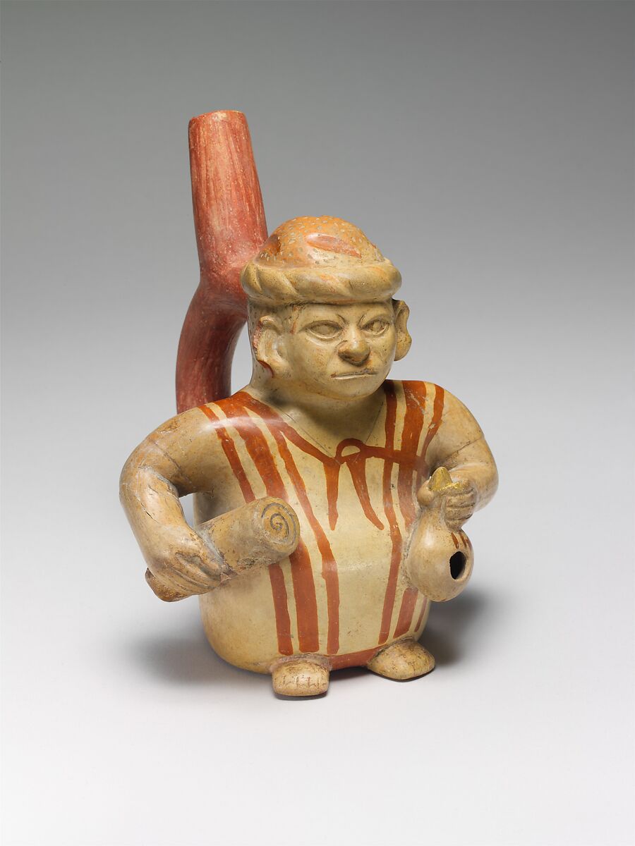 Figure Bottle, Ceramic, slip, pigment, Moche