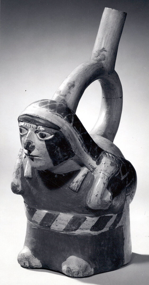 Stirrup Spout Bottle with Woman Carrying Burden, Ceramic, slip, pigment, Moche