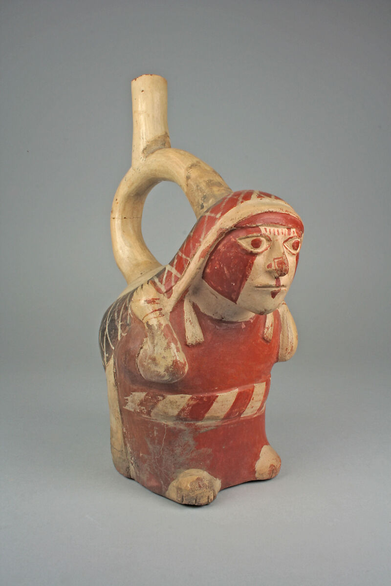 Stirrup Spout Bottle with Woman Carrying Burden, Ceramic, slip, pigment, Moche 