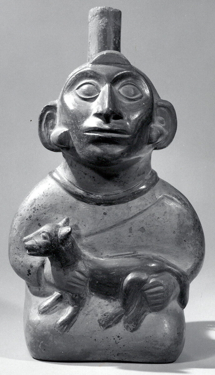 Stirrup Spout Bottle with Figure Holding Feline, Ceramic, slip, Moche