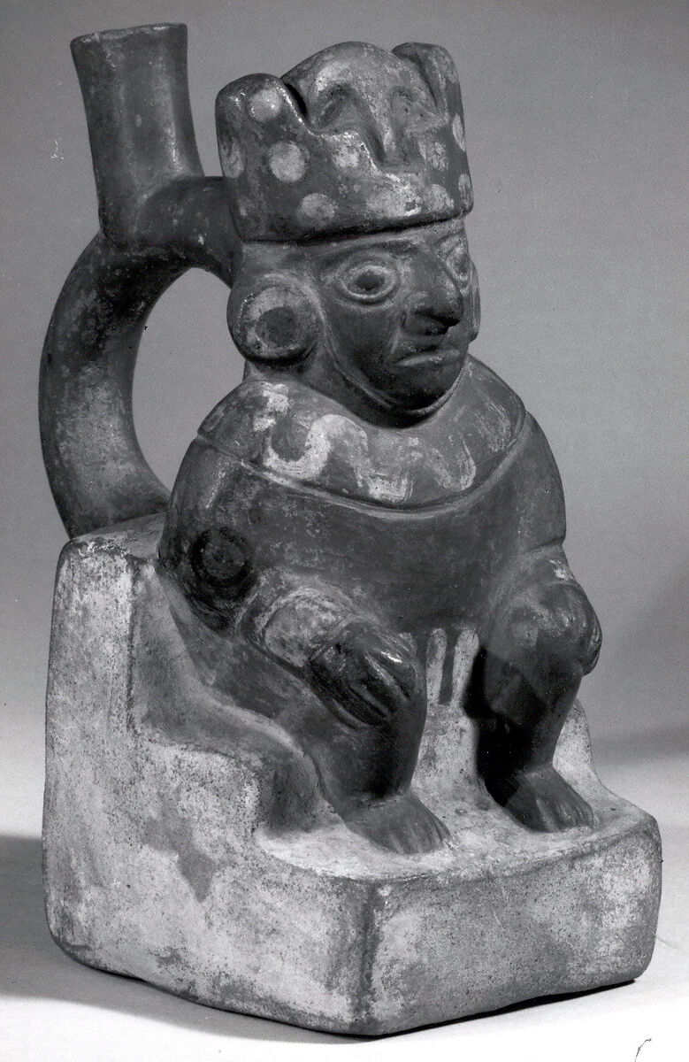 Stirrup Spout Bottle with Figure on Throne, Ceramic, slip, Moche