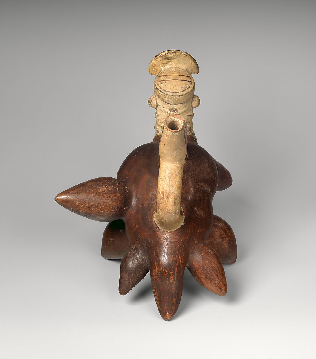 Tuber-inspired stirrup-spout bottle, Moche artist(s), Ceramic, slip, Moche