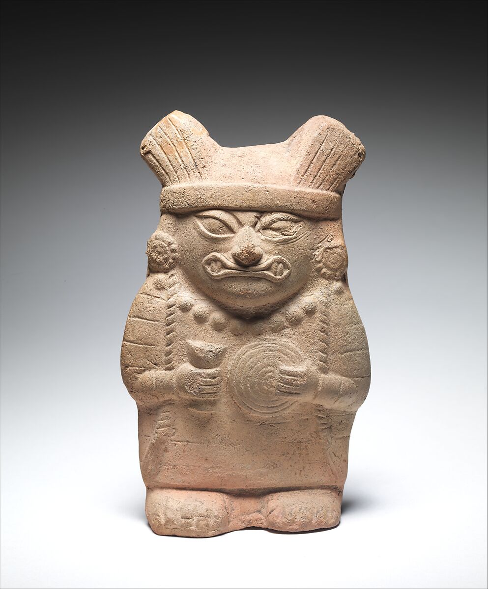 Figure with Cup and Disk, Ceramic, Moche 