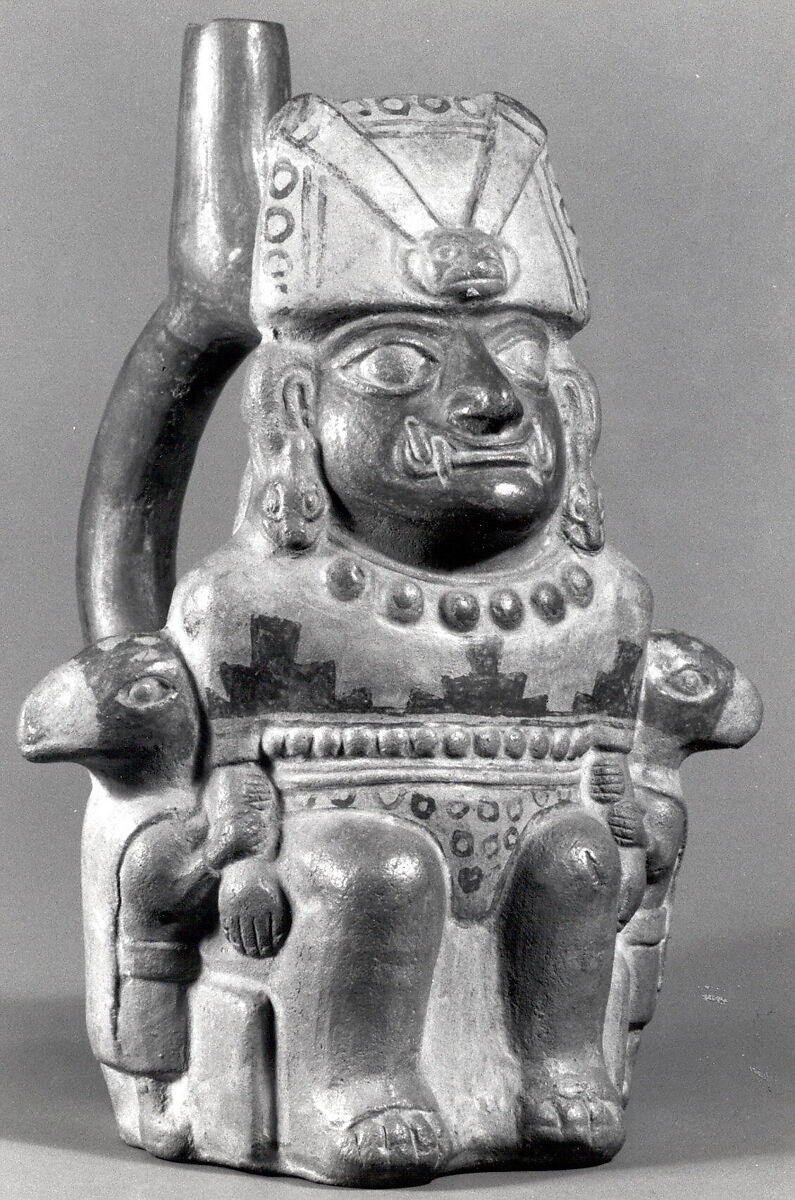 Bottle, Enthroned Figure, Ceramic, slip, pigment, Moche