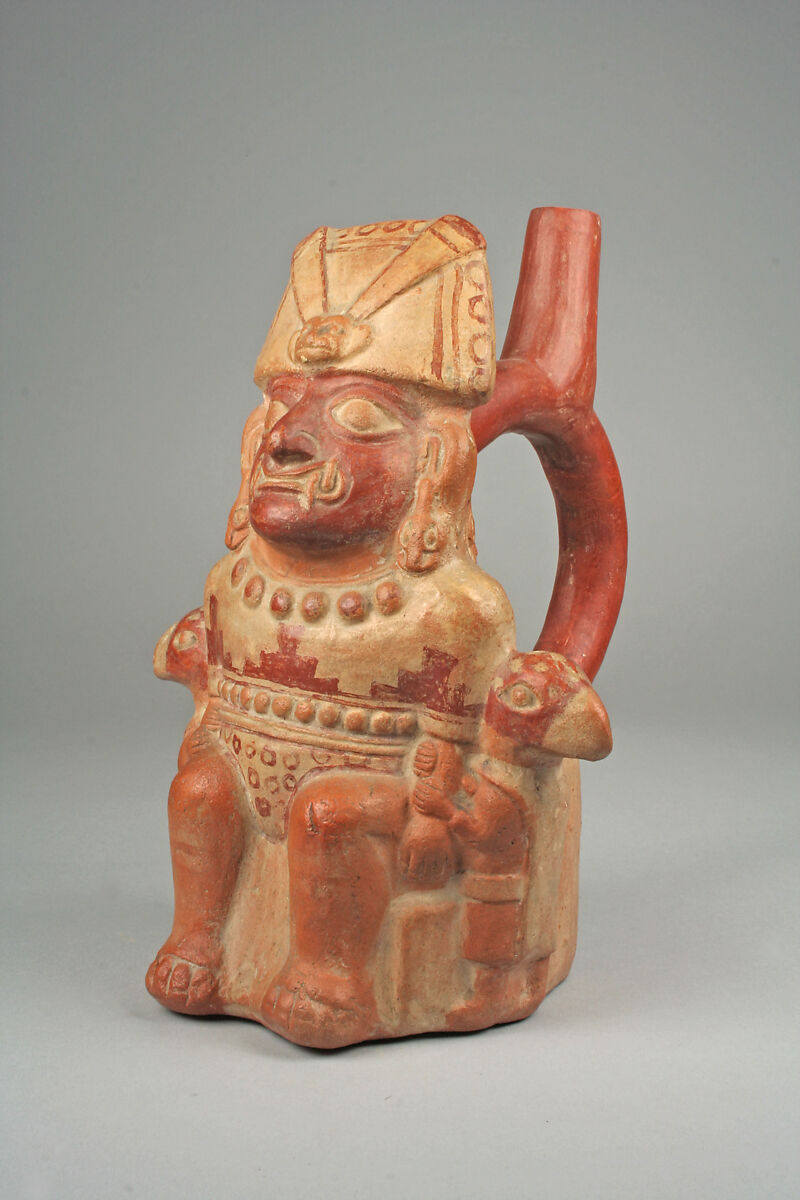 Bottle, Enthroned Figure, Ceramic, slip, pigment, Moche 