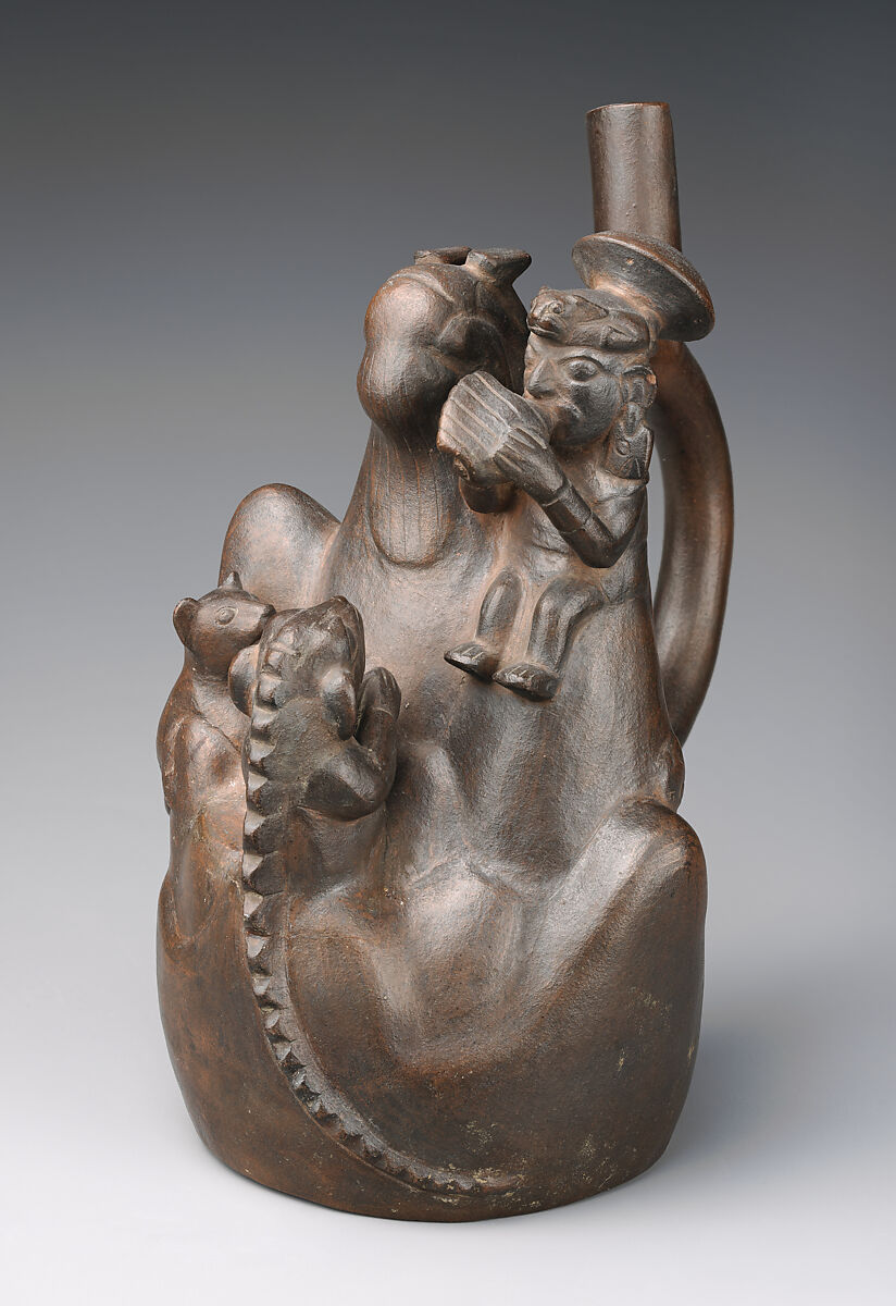 Stirrup-spout bottle with mountain sacrifice scene, Moche artist, Ceramic, slip, Moche