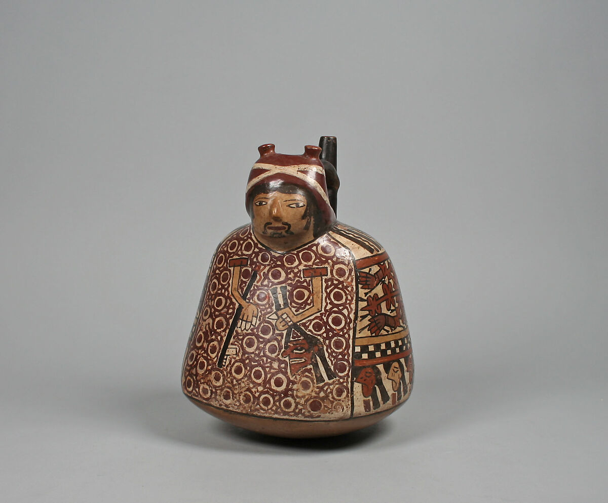 Spout-and-bridge bottle with warrior, Nasca artist(s), Ceramic, slip, Nasca 
