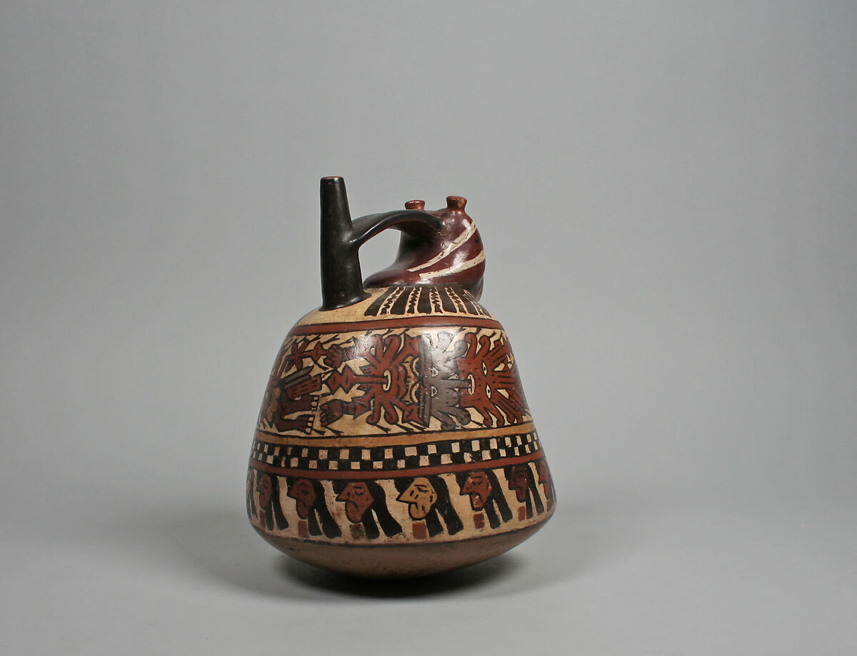 Spout-and-bridge bottle with warrior, Nasca artist(s), Ceramic, slip, Nasca