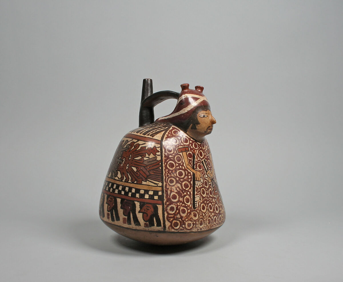 Spout-and-bridge bottle with warrior, Nasca artist(s), Ceramic, slip, Nasca