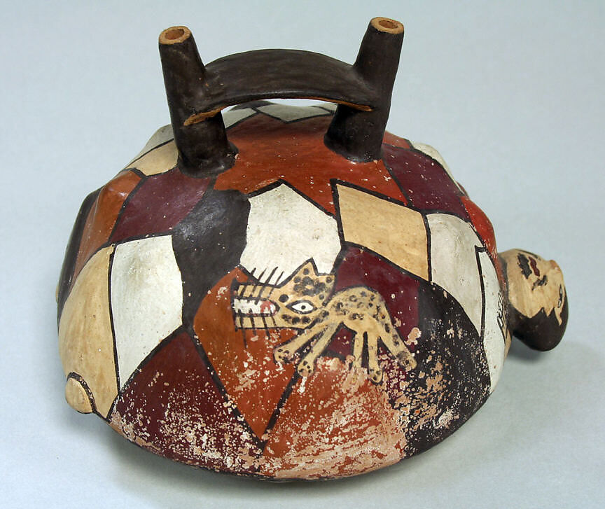 Bottle, Mythic Figures, Ceramic, pigment, Nasca