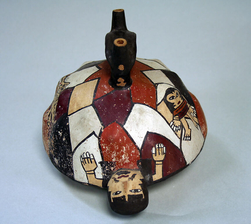 Bottle, Mythic Figures, Ceramic, pigment, Nasca