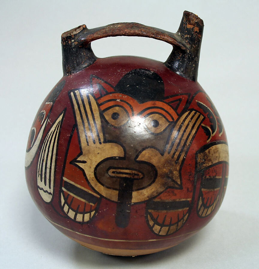 Double Spout Bottle, Feline-Otter, Ceramic, pigment, Nasca 