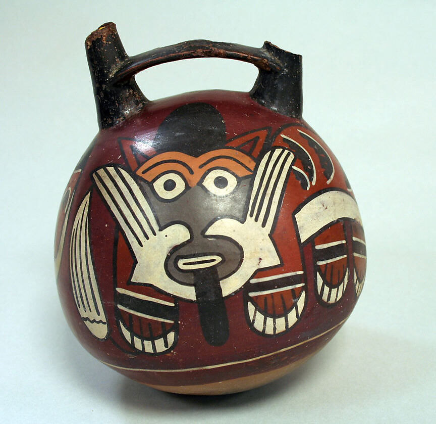 Double Spout Bottle, Feline-Otter, Ceramic, pigment, Nasca