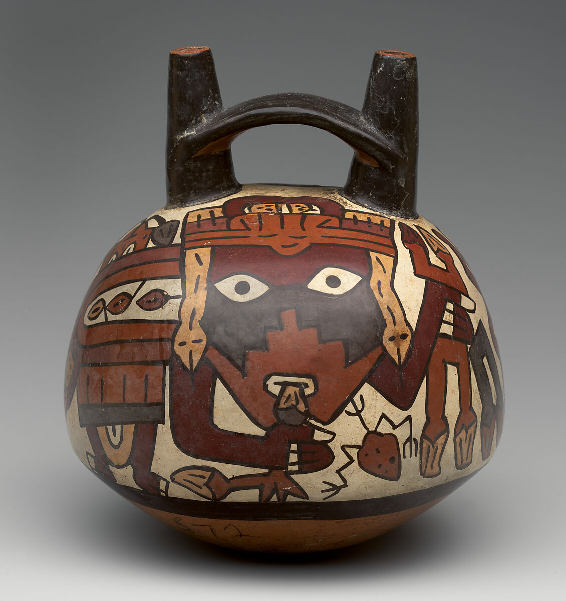 Bottle with masked figure, Nasca artist(s), Ceramic, slip, Nasca 