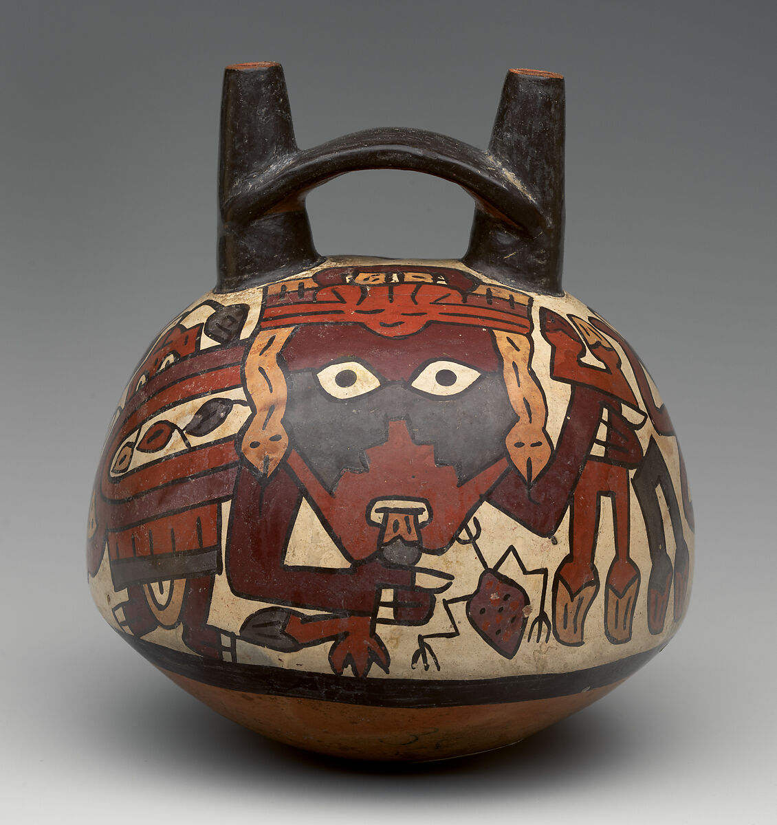 Bottle with masked figure, Nasca artist(s), Ceramic, slip, Nasca