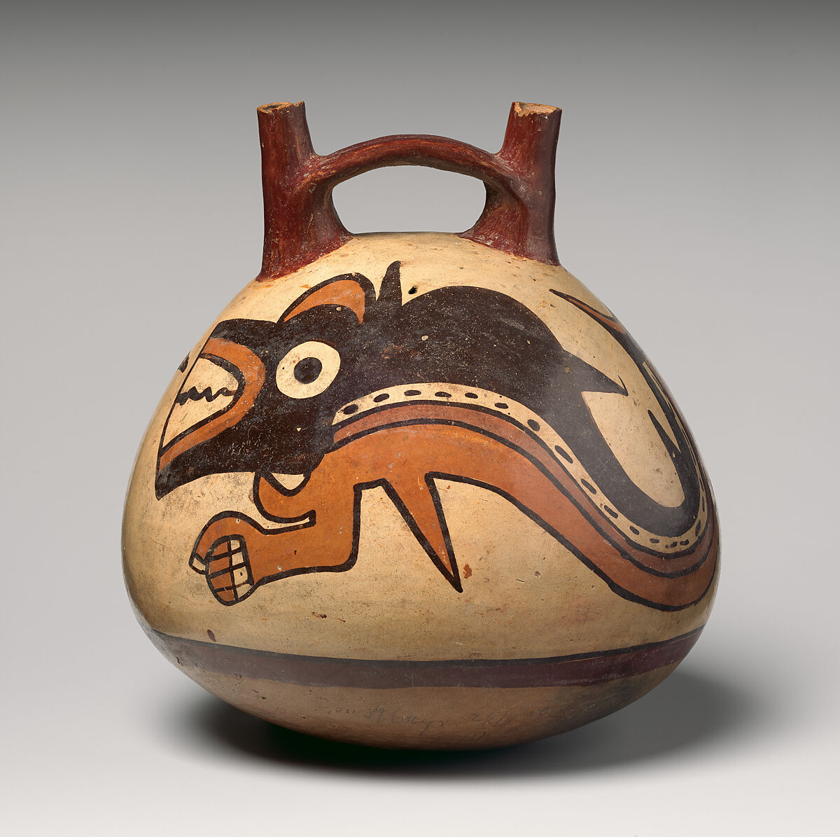 Double-spout bottle with shark, Nasca artist(s), Ceramic, slip, Nasca