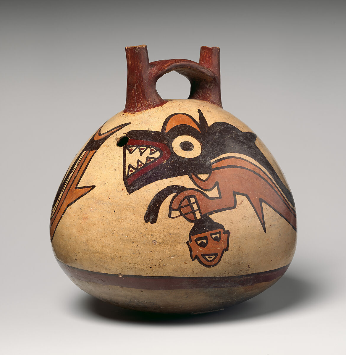Double-spout bottle with shark, Nasca artist(s), Ceramic, slip, Nasca