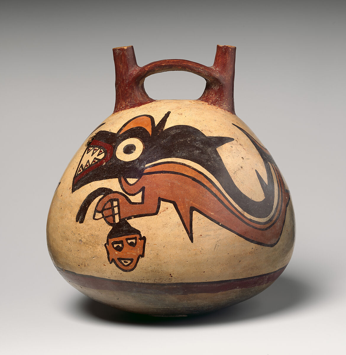 Double-spout bottle with shark, Nasca artist(s), Ceramic, slip, Nasca