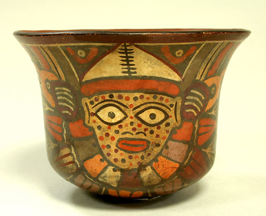 Cup with Spotted Face Deity, Ceramic, pigment, Nasca 