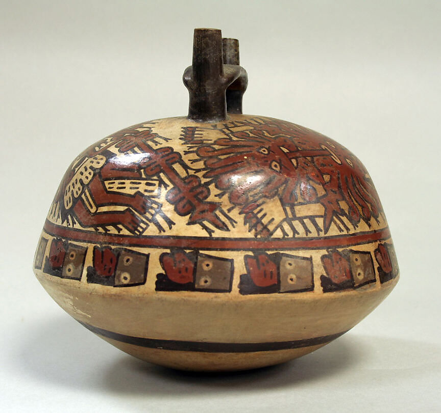 Double Spout Bottle, Killer Whale Motif, Ceramic, pigment, Nasca