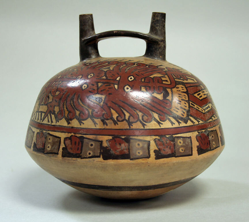 Double Spout Bottle, Killer Whale Motif, Ceramic, pigment, Nasca 