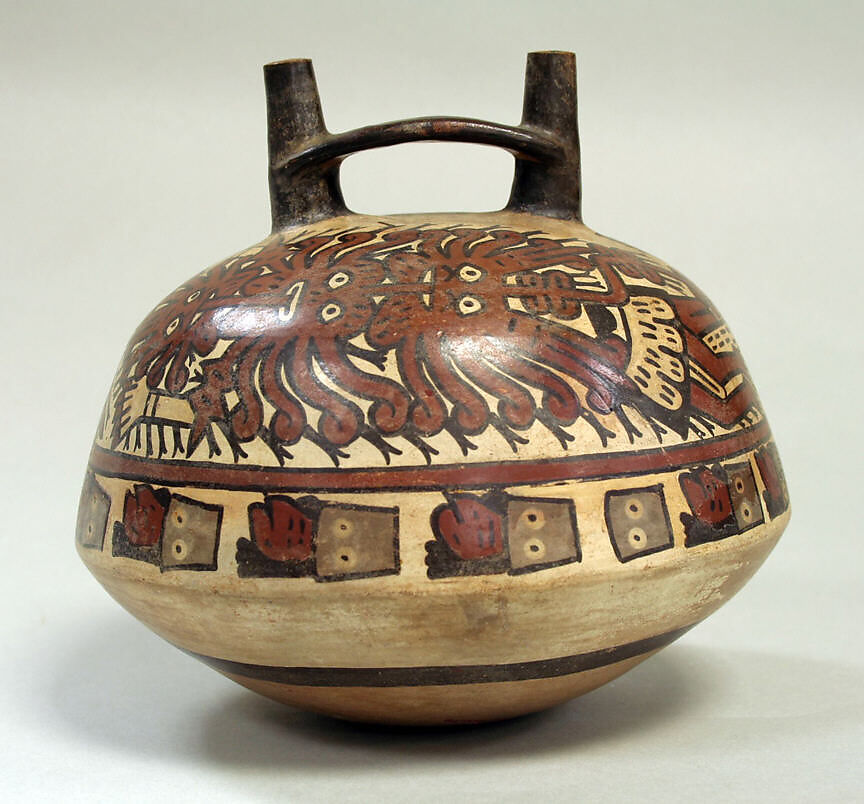 Double Spout Bottle, Killer Whale Motif, Ceramic, pigment, Nasca