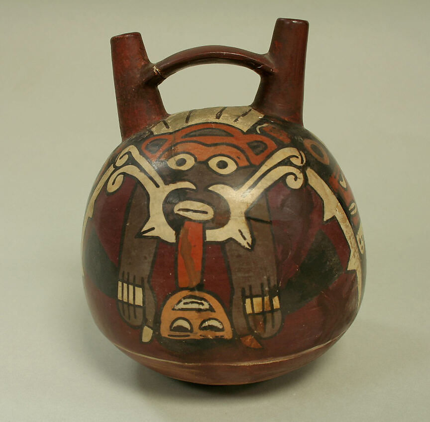 Double Spout and Bridge Bottle with Bird Demon, Ceramic, pigment, Nasca 