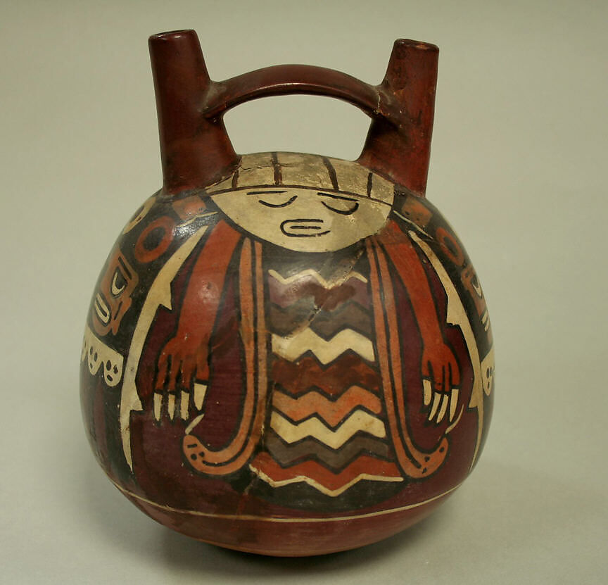Double Spout and Bridge Bottle with Bird Demon, Ceramic, pigment, Nasca