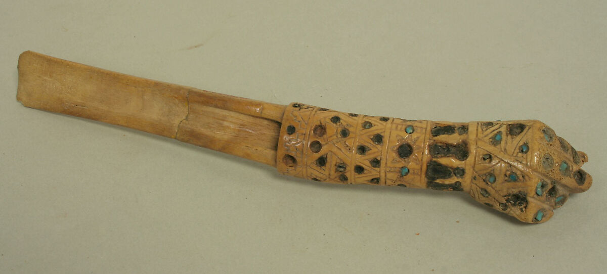 Spatula in the Form of a Hand, Bone, turquoise, pyrite, Moche