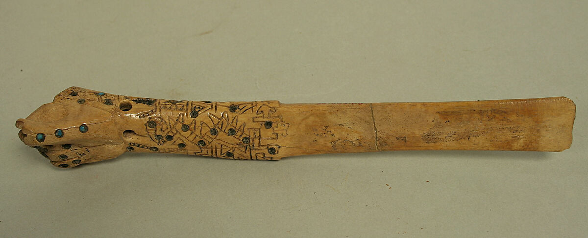 Spatula in the Form of a Hand, Bone, turquoise, pyrite, Moche
