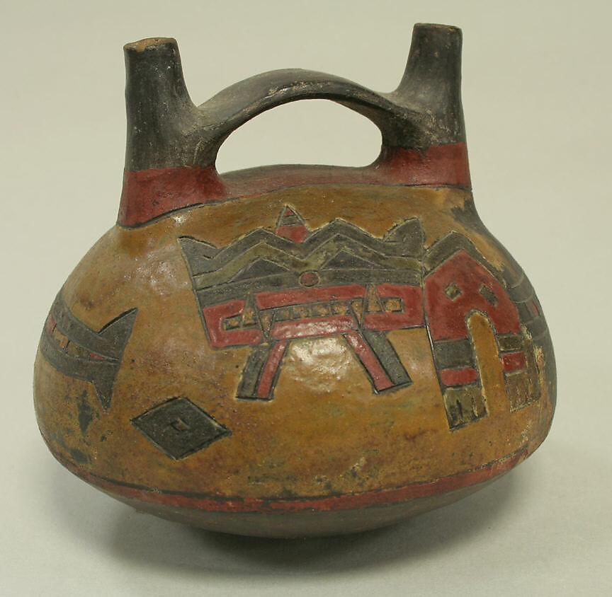 Double Spout and Bridge Bottle with Incised Design, Ceramic, pigment, Paracas