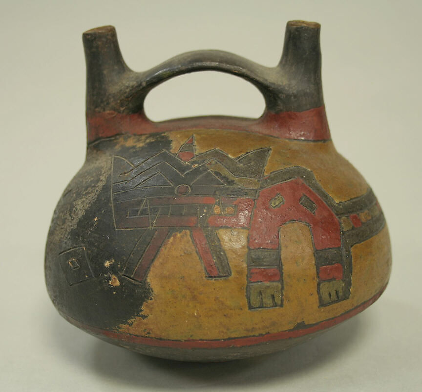 Double Spout and Bridge Bottle with Incised Design, Ceramic, pigment, Paracas 