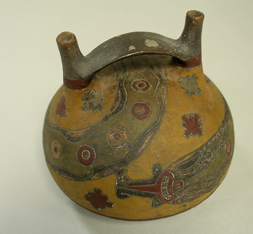 Double Spout and Bridge Bottle with Snake, Ceramic, pigment, Paracas