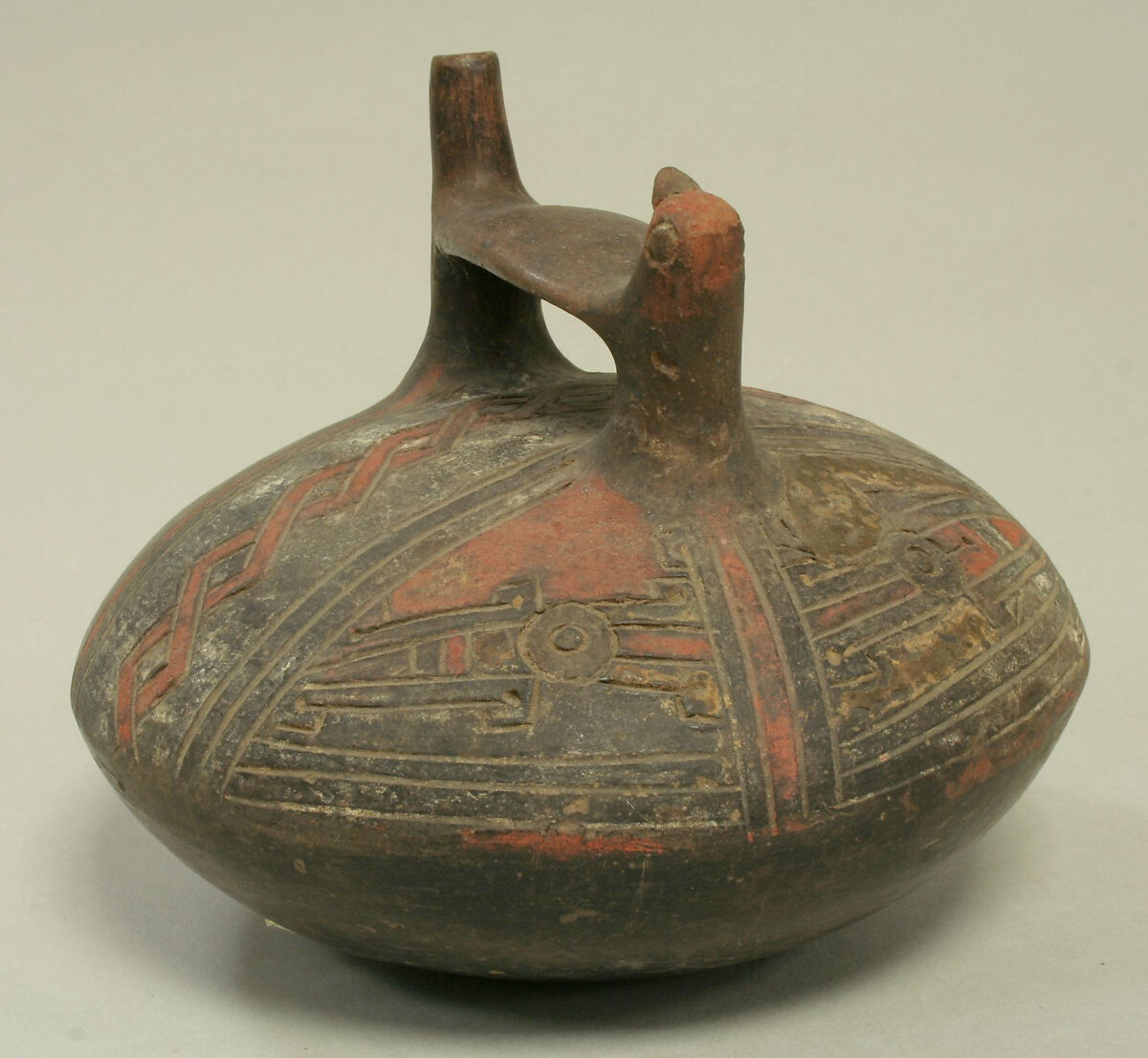 Double Spout and Bridge Bottle with Bird, Ceramic, pigment, Paracas 