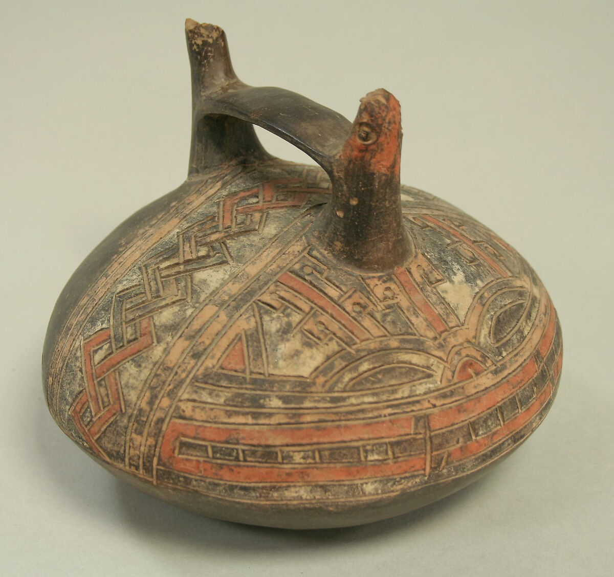 Double Spout and Bridge Bottle with Feline, Ceramic, pigment, Paracas 