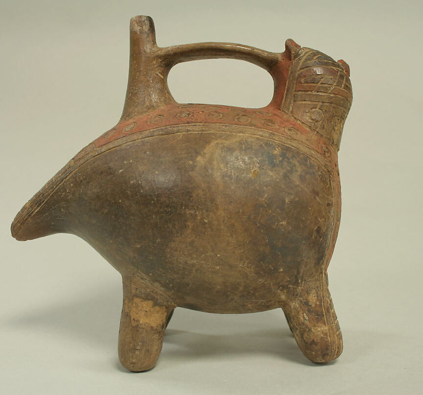 Double Spout and Bridge Bottle in Feline Shape, Ceramic, pigment, Paracas 