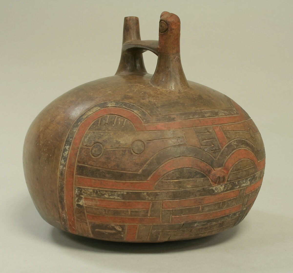 Double Spout and Bridge Bottle with Feline and Bird, Ceramic, pigment, Paracas 