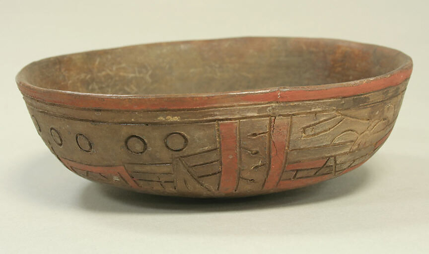 Incised Painted Bowl with Felines, Ceramic, pigment, Paracas 