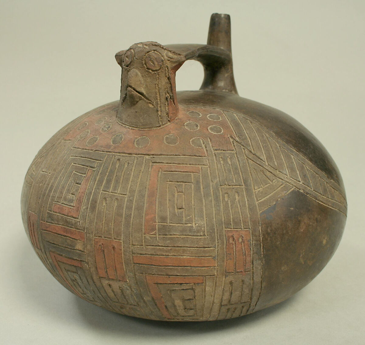 Double Spout and Bridge Bottle with Falcon, Ceramic, pigment, Paracas 