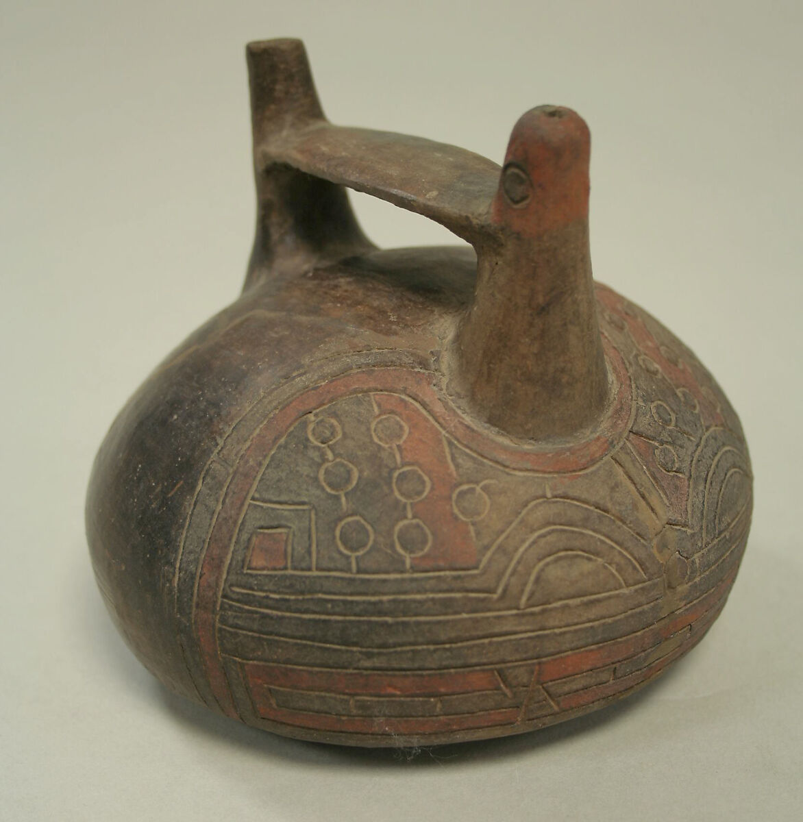 Double Spout and Bridge Bottle with Feline and Bird, Ceramic, pigment, Paracas 